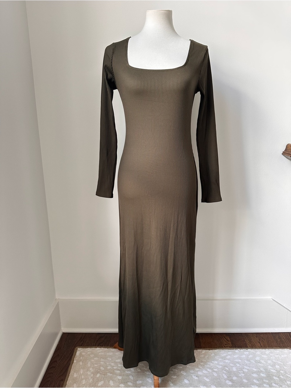 Abercrombie & Fitch Long-Sleeve Square Neck Maxi Dress Olive Brown Medium Petite
